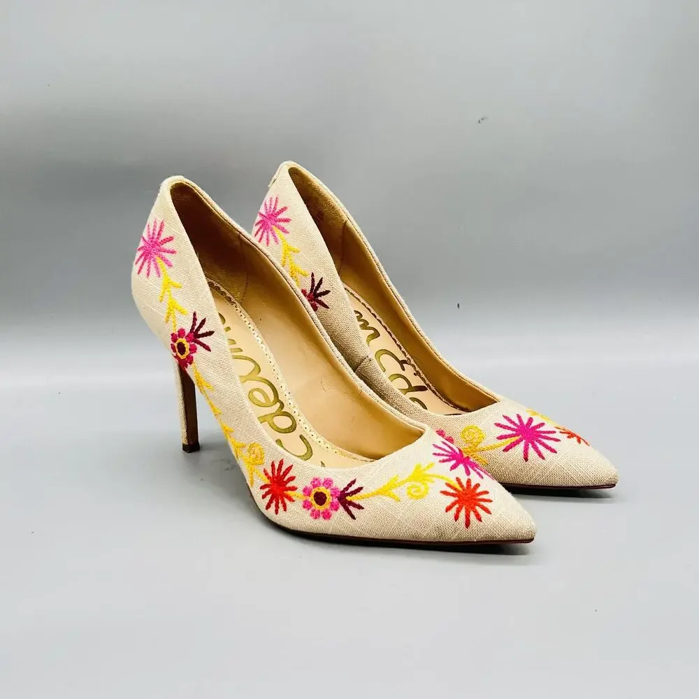 Sam Edelman Shoes Womens 8.5 Beige Hazel Linen Floral Embroidered Stiletto Pumps